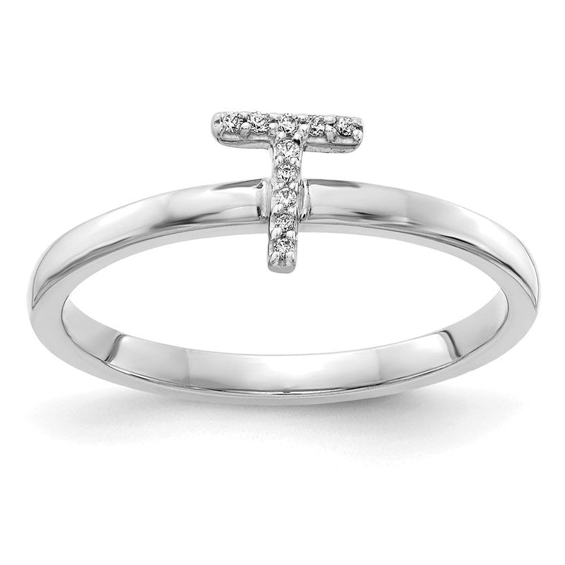 14K Weißgold Ring mit natürlichem Diamant – Initiale „T