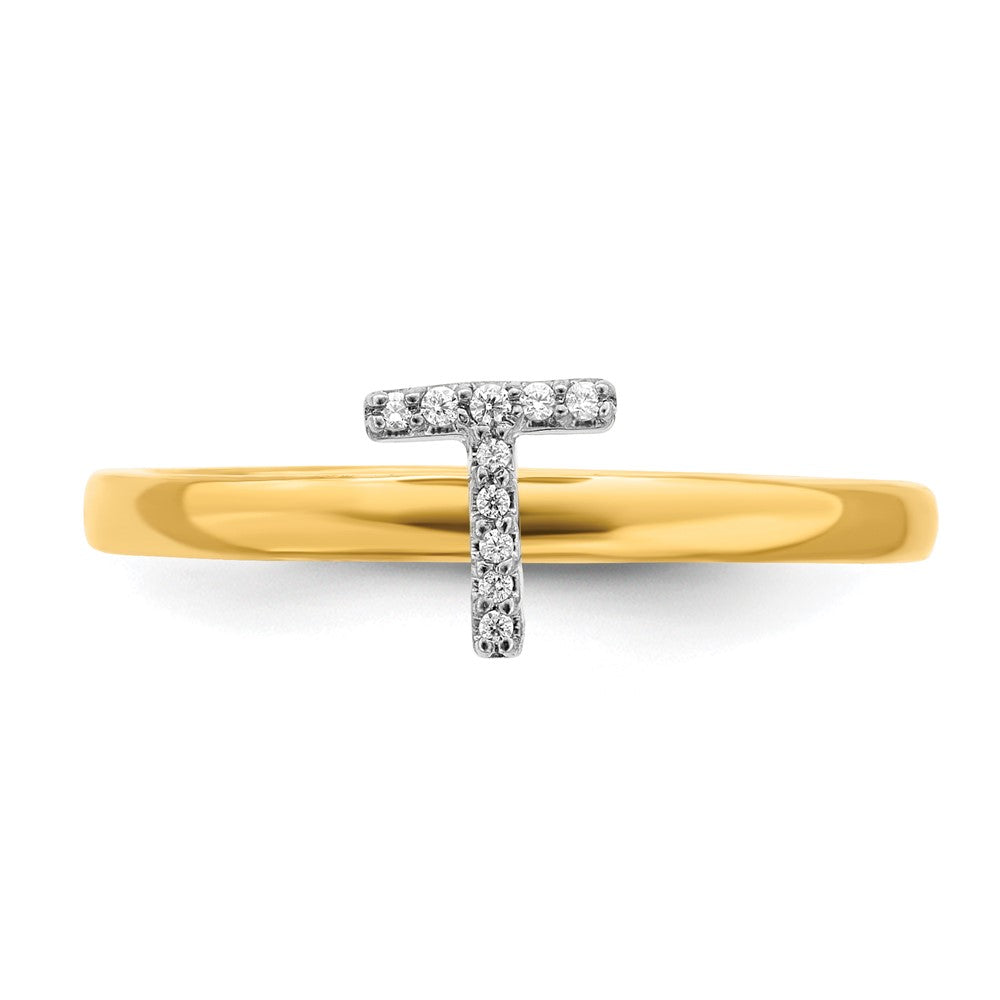 14K Gelbgold-Ring mit natürlichen Diamanten, Initiale T