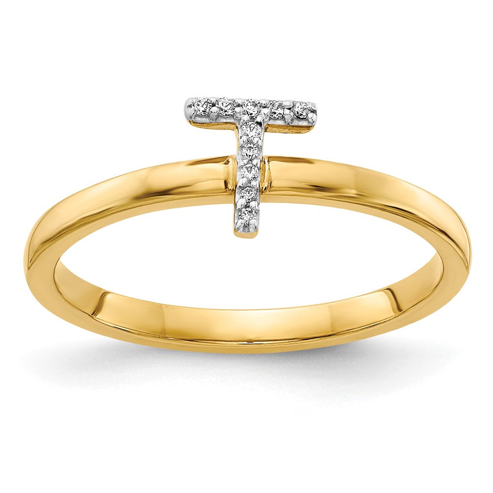 14K Gelbgold-Ring mit natürlichen Diamanten, Initiale T