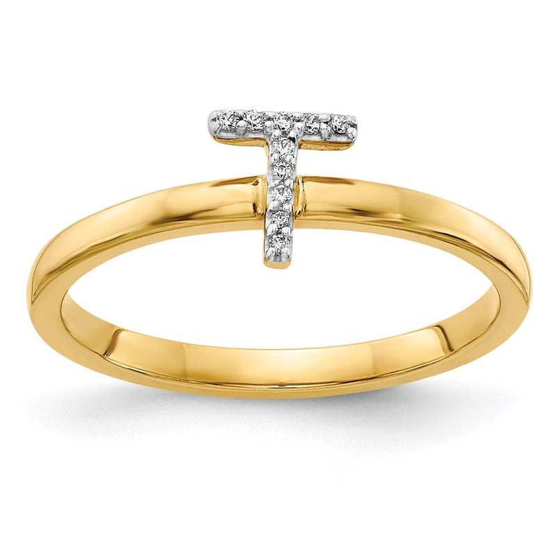 14K Gelbgold-Ring mit natürlichen Diamanten, Initiale T