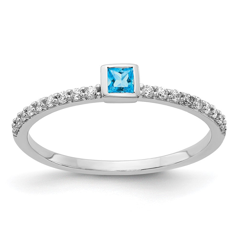 14K Weißgold Ring mit natürlichem Diamant und Princess-Blautopas
