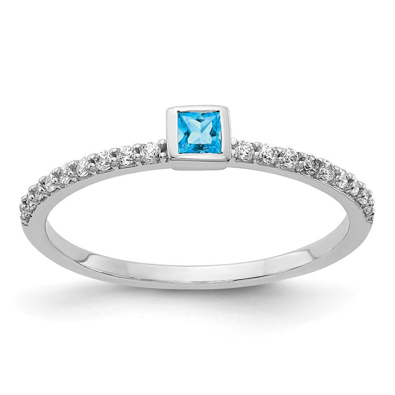 14K Weißgold Ring mit natürlichem Diamant und Princess-Blautopas