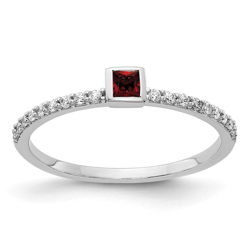 14K Weißgold Ring mit natürlichem Diamant und Granat im Princess-Schliff