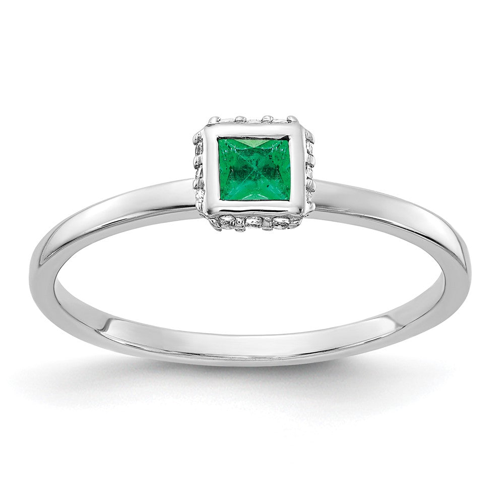 14K Weißgold Ring mit echten Diamanten und Prinzessin-Smaragden