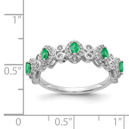 14K Weißgold Ring mit echten Diamanten und Smaragden
