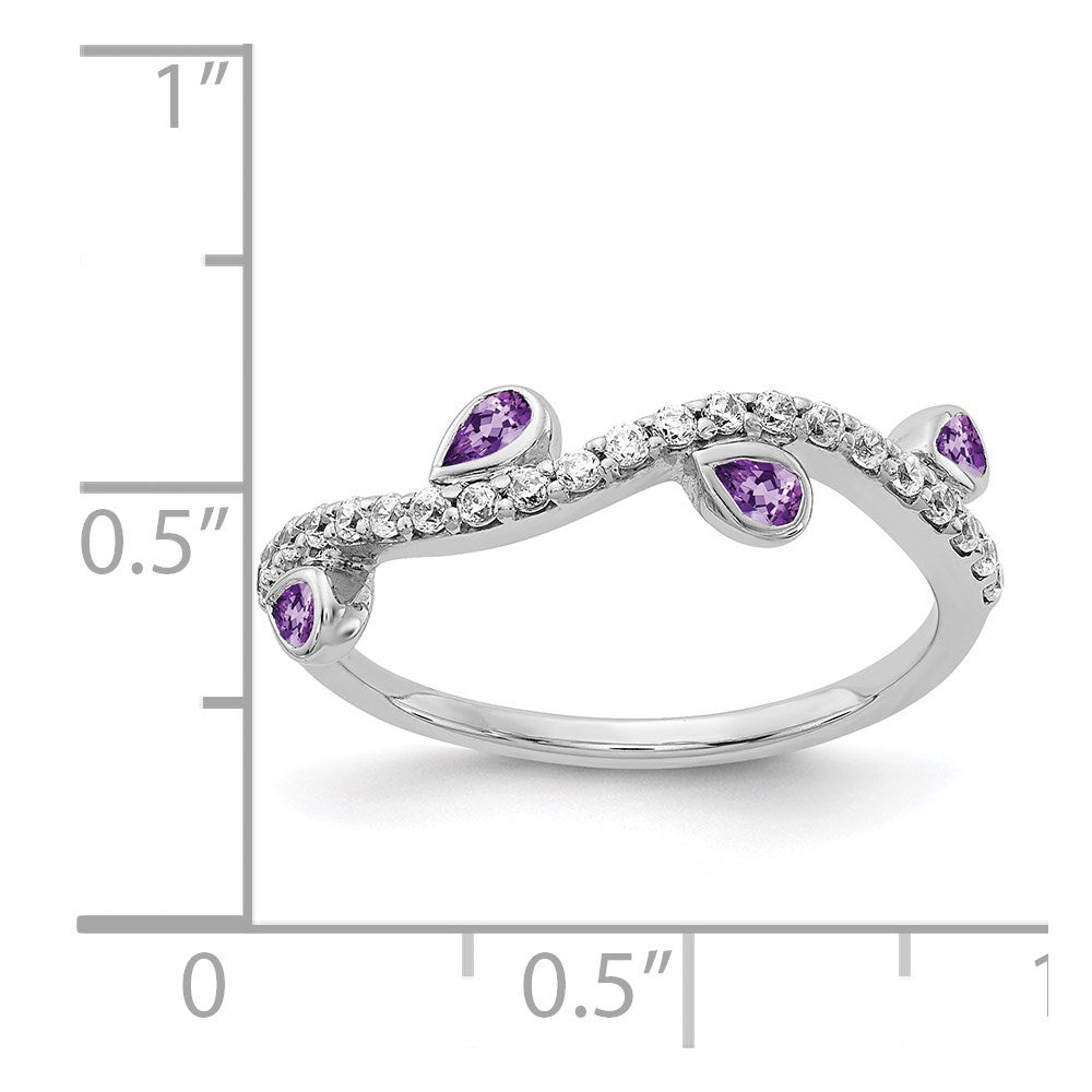 14K Weißgold Ring mit tropfenförmigem Amethyst und Diamanten, geschwungen