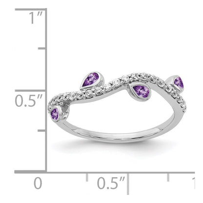 14K Weißgold Ring mit tropfenförmigem Amethyst und Diamanten, geschwungen