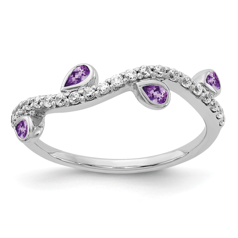 14K Weißgold Ring mit tropfenförmigem Amethyst und Diamanten, geschwungen