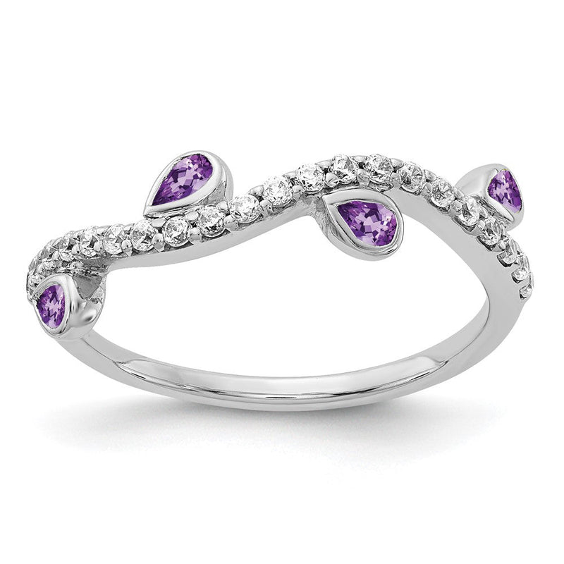 14K Weißgold Ring mit tropfenförmigem Amethyst und Diamanten, geschwungen