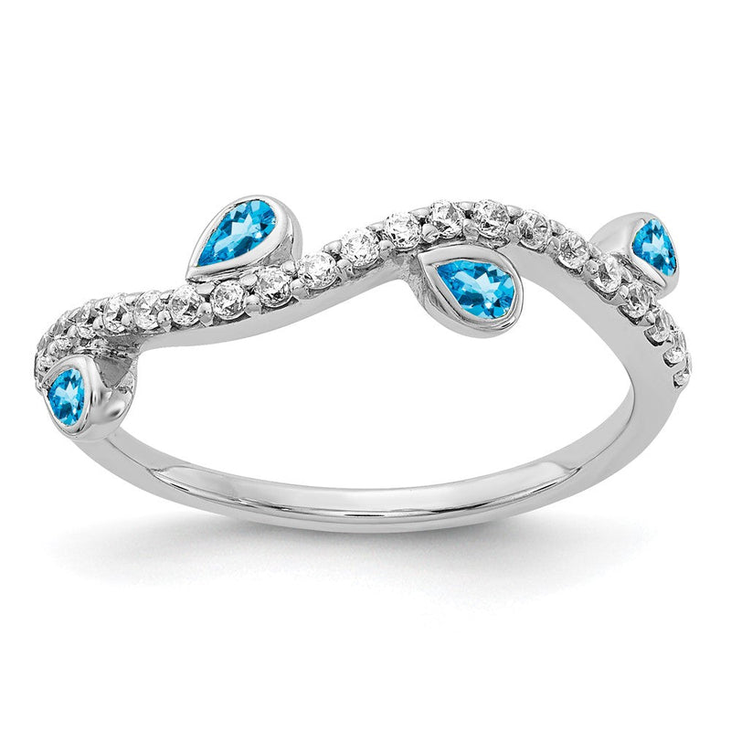 14K Weißgold Ring mit natürlichem Diamant und tropfenförmigem blauem Topas, geschwungen