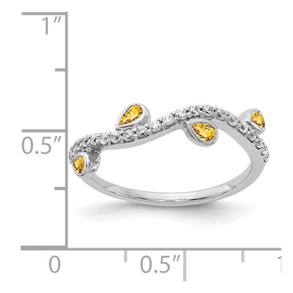 14K Weißgold Ring mit echtem Diamant und birnenförmigem Citrin, gebogen