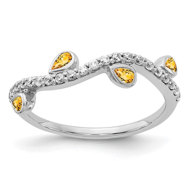 Geschwungener Ring aus 14K Weißgold mit natürlichem Diamant und Citrin im Tropfenschliff