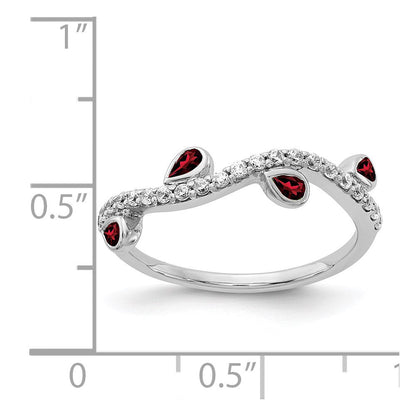 14K Weißgold Ring mit echtem Diamant und birnenförmigem Granat, gebogen