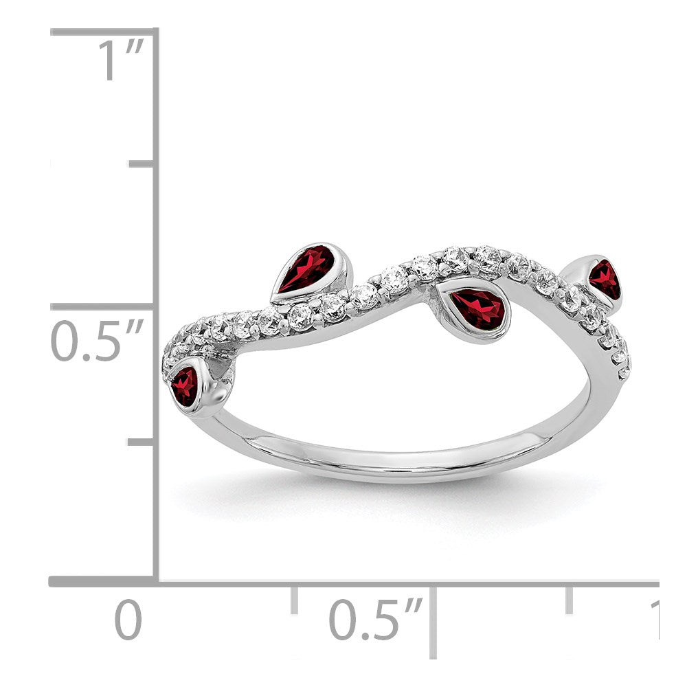 14K Weißgold Ring mit natürlichem Diamant und tropfenförmigem Granat, gebogen
