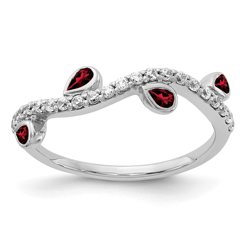 14K Weißgold Ring mit natürlichem Diamant und tropfenförmigem Granat, gebogen