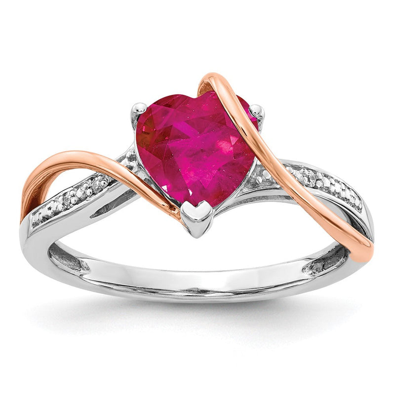 14K Bicolor-Gold Ring mit natürlichen Rubinen und Diamanten, Herz-Twist-Design