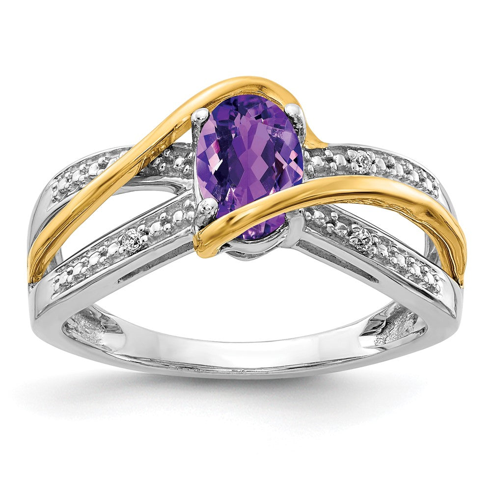 14K Bicolor Gold Ring mit echten Diamanten und ovalem Amethyst, gedreht