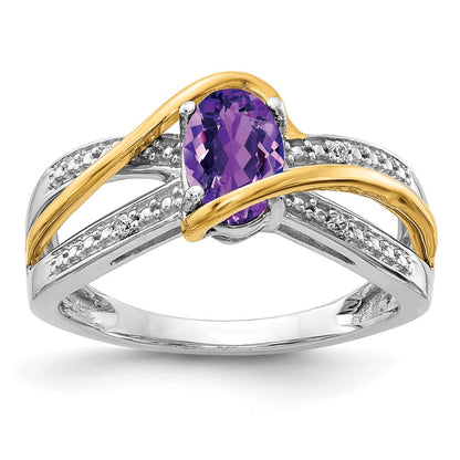 14K Bicolor Gold Ring mit echten Diamanten und ovalem Amethyst, gedreht