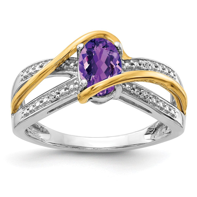 14K Bicolor-Gold Ring mit ovalem Amethyst und natürlichen Diamanten, gedreht