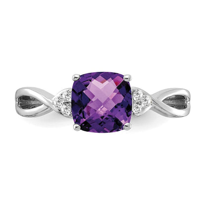 14K Weißgold 7mm Kissen Schachbrett February/amethyst und Diamant Ring
