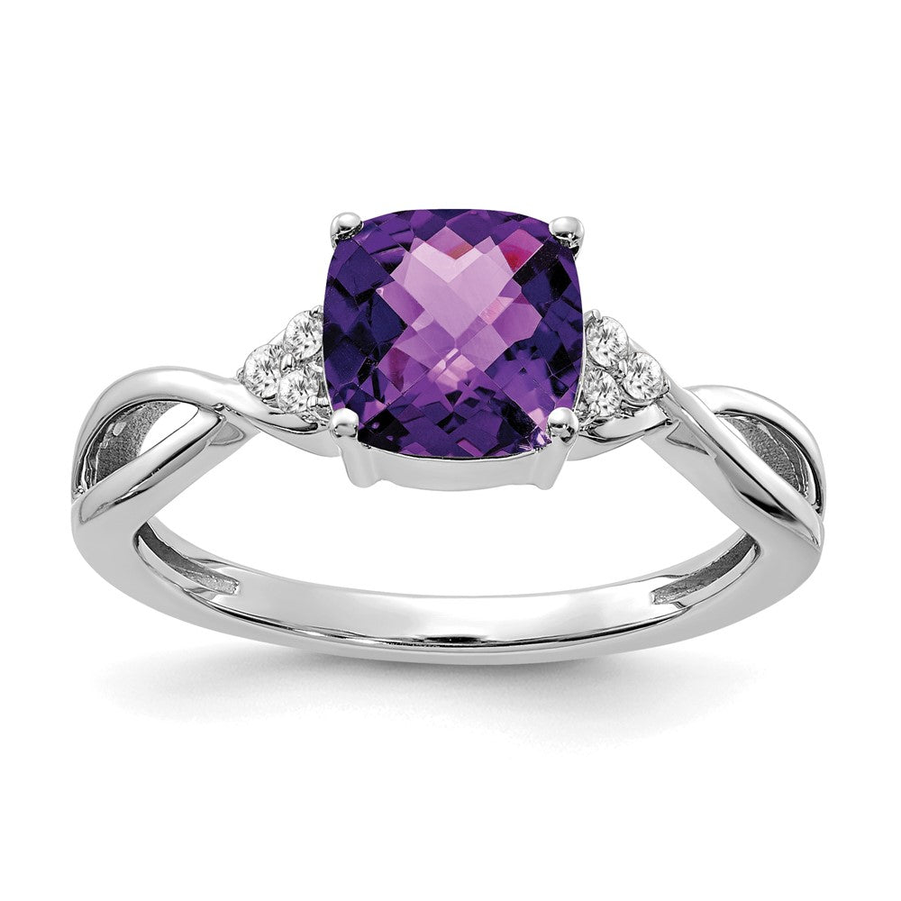 14K Weißgold 7mm Kissen Schachbrett February/amethyst und Diamant Ring