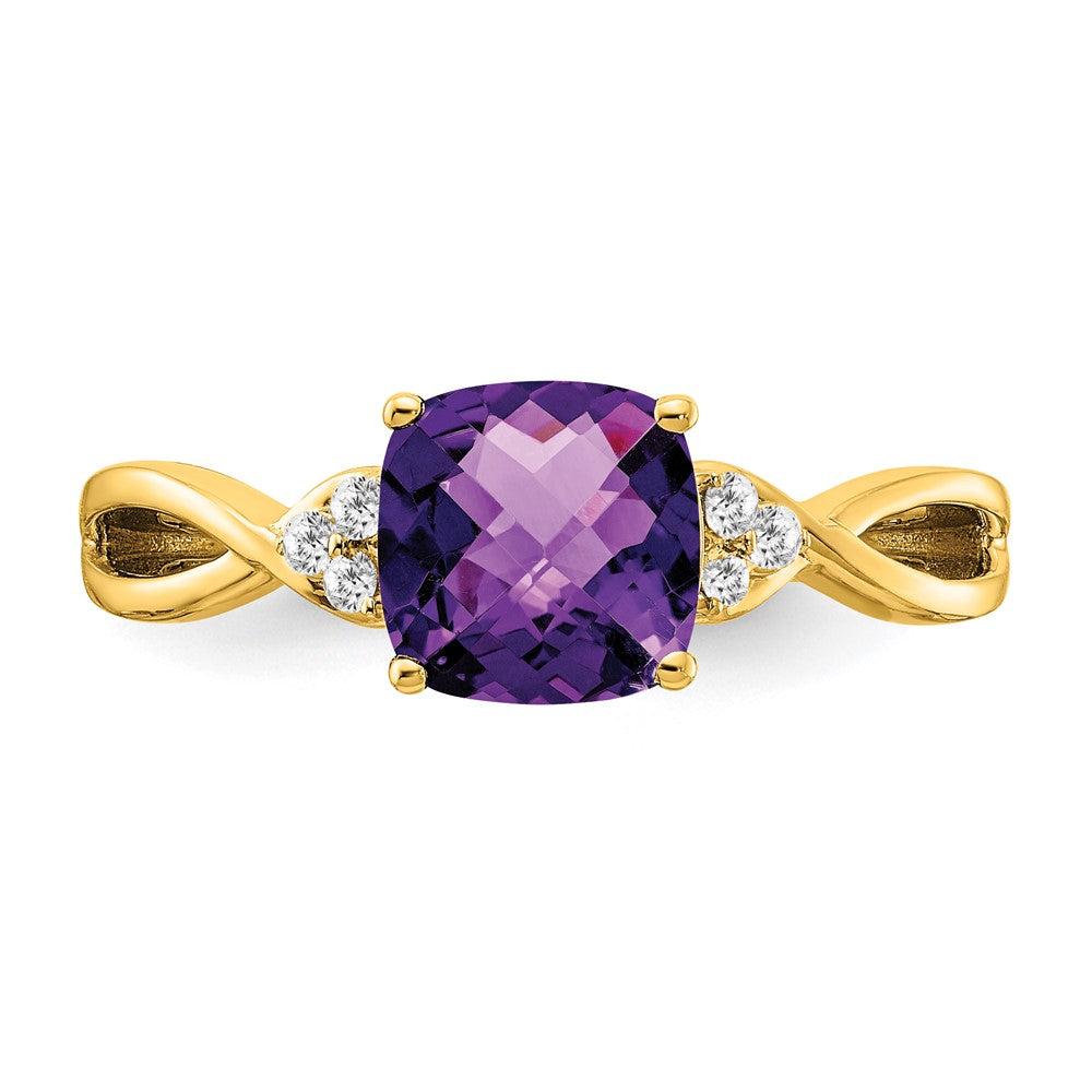 14K Gelbgold Ring mit Karomuster-Amethyst und echtem Diamant