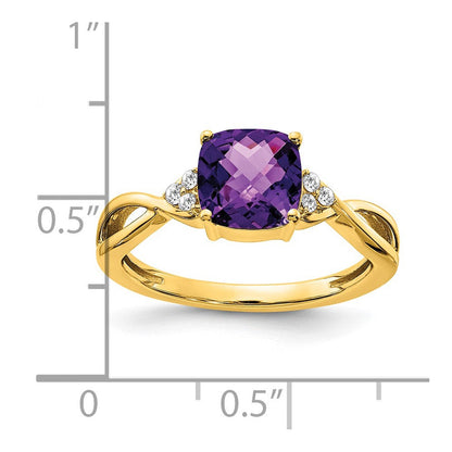 14K Gelbgold Ring mit Karomuster-Amethyst und echtem Diamant