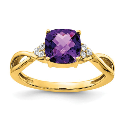 14K Gelbgold Ring mit Karomuster-Amethyst und echtem Diamant