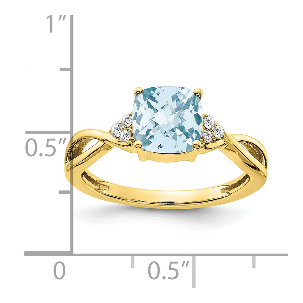 10K Gelbgold Schachbrett Aquamarin und Diamant Ring
