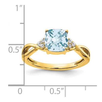 14K Gelbgold Ring mit Aquamarin im Schachbrettschliff und echten Diamanten