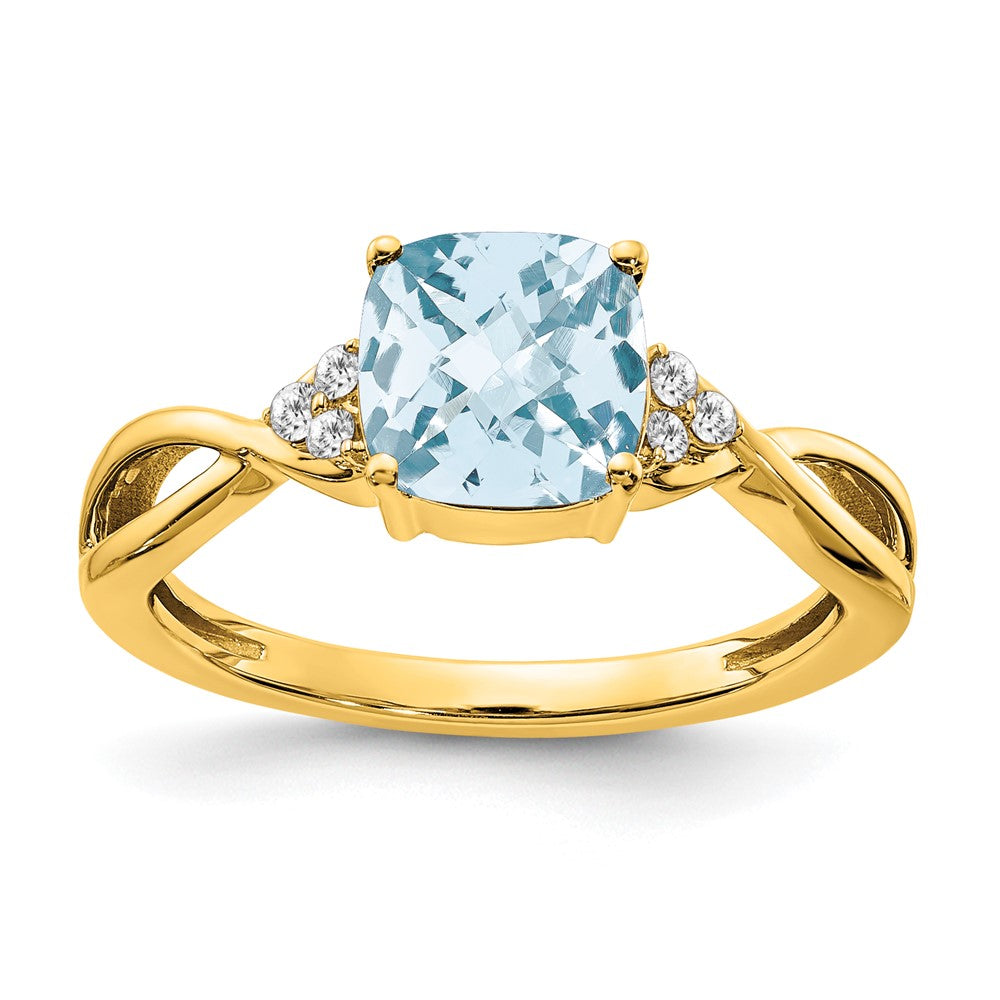 14K Gelbgold Ring mit Aquamarin im Schachbrettschliff und echten Diamanten