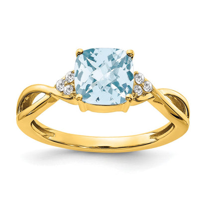 14K Gelbgold Ring mit Aquamarin im Schachbrettschliff und echten Diamanten