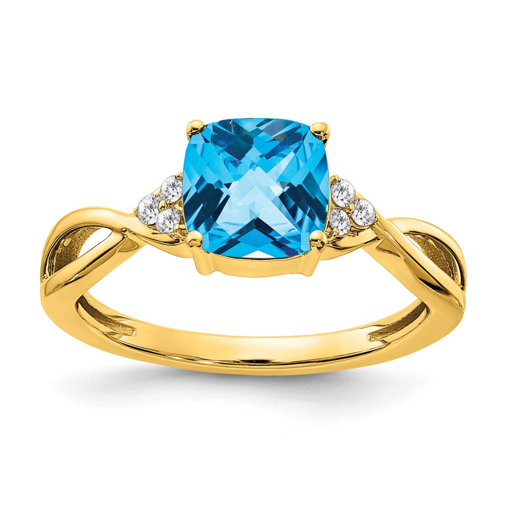 14K Gelbgold-Ring mit Blautopas im Schachbrettschliff und echten Diamanten