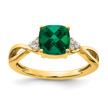10K Gelbgold Schachbrett Erzeugt Smaragd und Diamant Ring