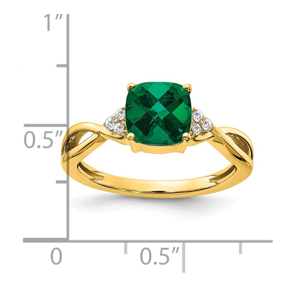 14K Gelbgold Ring mit Karomuster, gezüchtetem Smaragd und echten Diamanten