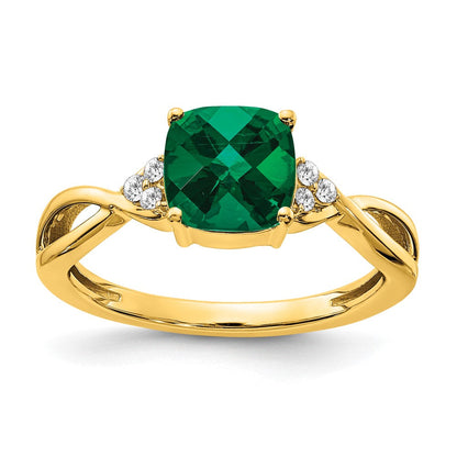 14K Gelbgold Ring mit Karomuster, gezüchtetem Smaragd und echten Diamanten