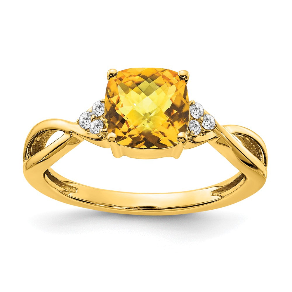 14K Gelbgold Ring mit Citrin im Schachbrettschliff und echten Diamanten