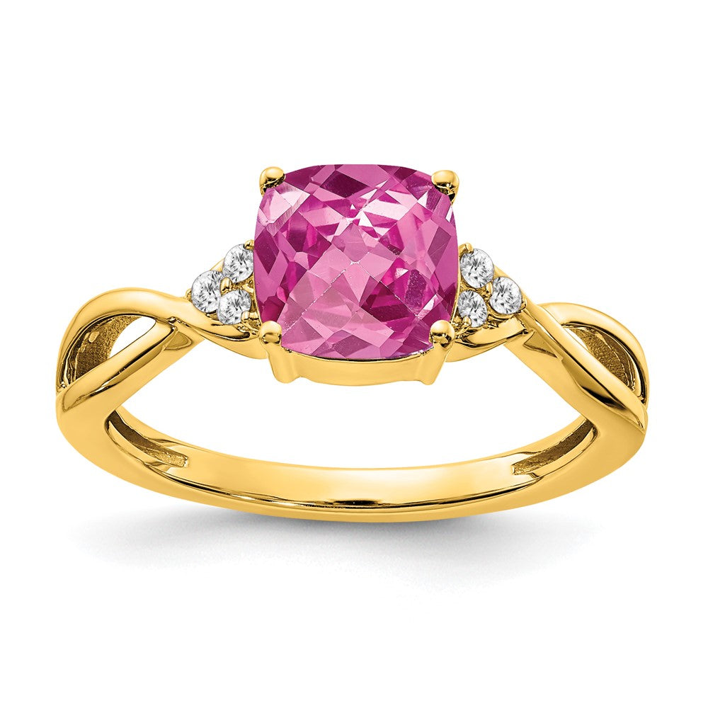 10K Gelbgold Schachbrett Erzeugt Rosa Saphir und Diamant Ring
