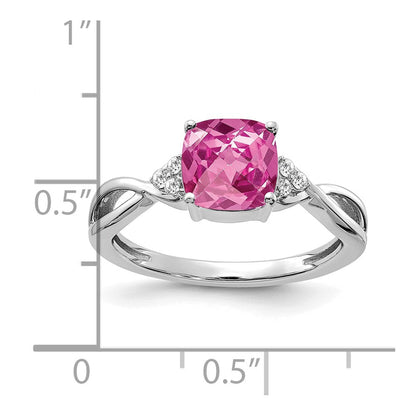 14K Weißgold 7mm Kissen Schachbrett October/im Labor Erzeugt Rosa Saphir und Diamant Ring