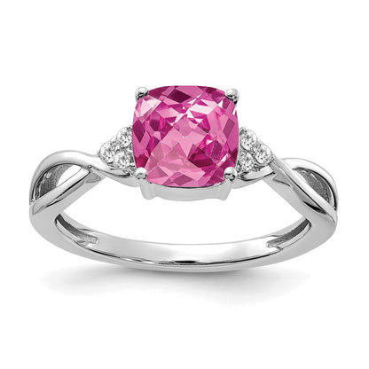 14K Weißgold 7mm Kissen Schachbrett October/im Labor Erzeugt Rosa Saphir und Diamant Ring