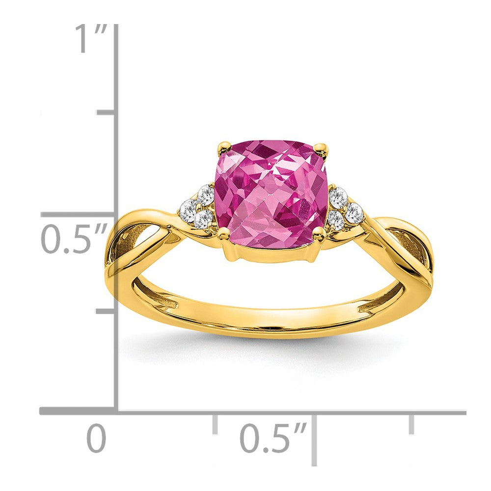 14K Gelbgold Ring mit Schachbrettmuster, gezüchtetem pinkem Saphir und echten Diamanten