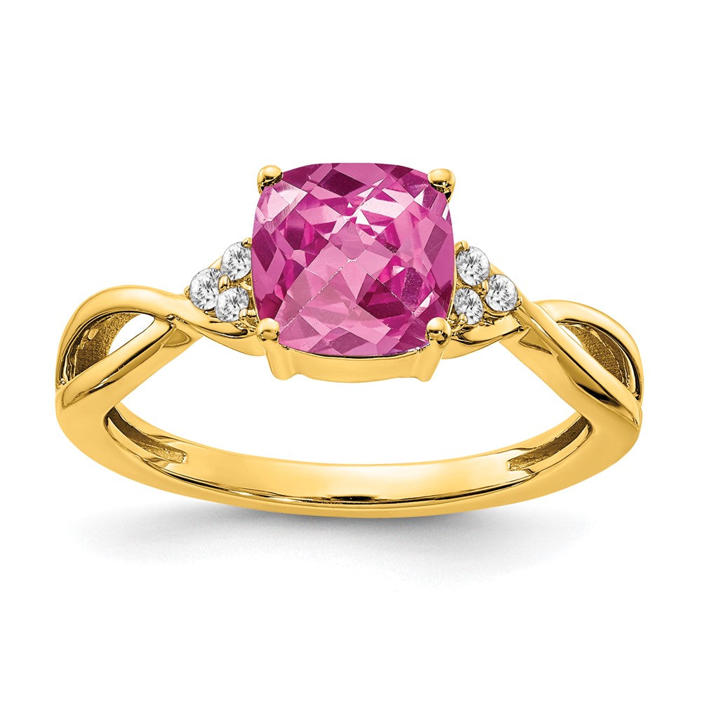 14K Gelbgold Ring mit Schachbrettmuster, gezüchtetem pinkem Saphir und echten Diamanten