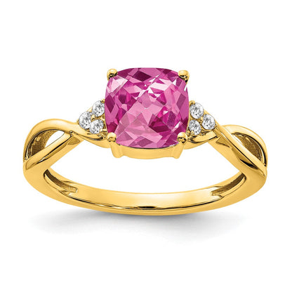 14K Gelbgold Ring mit Schachbrettmuster, gezüchtetem pinkem Saphir und echten Diamanten
