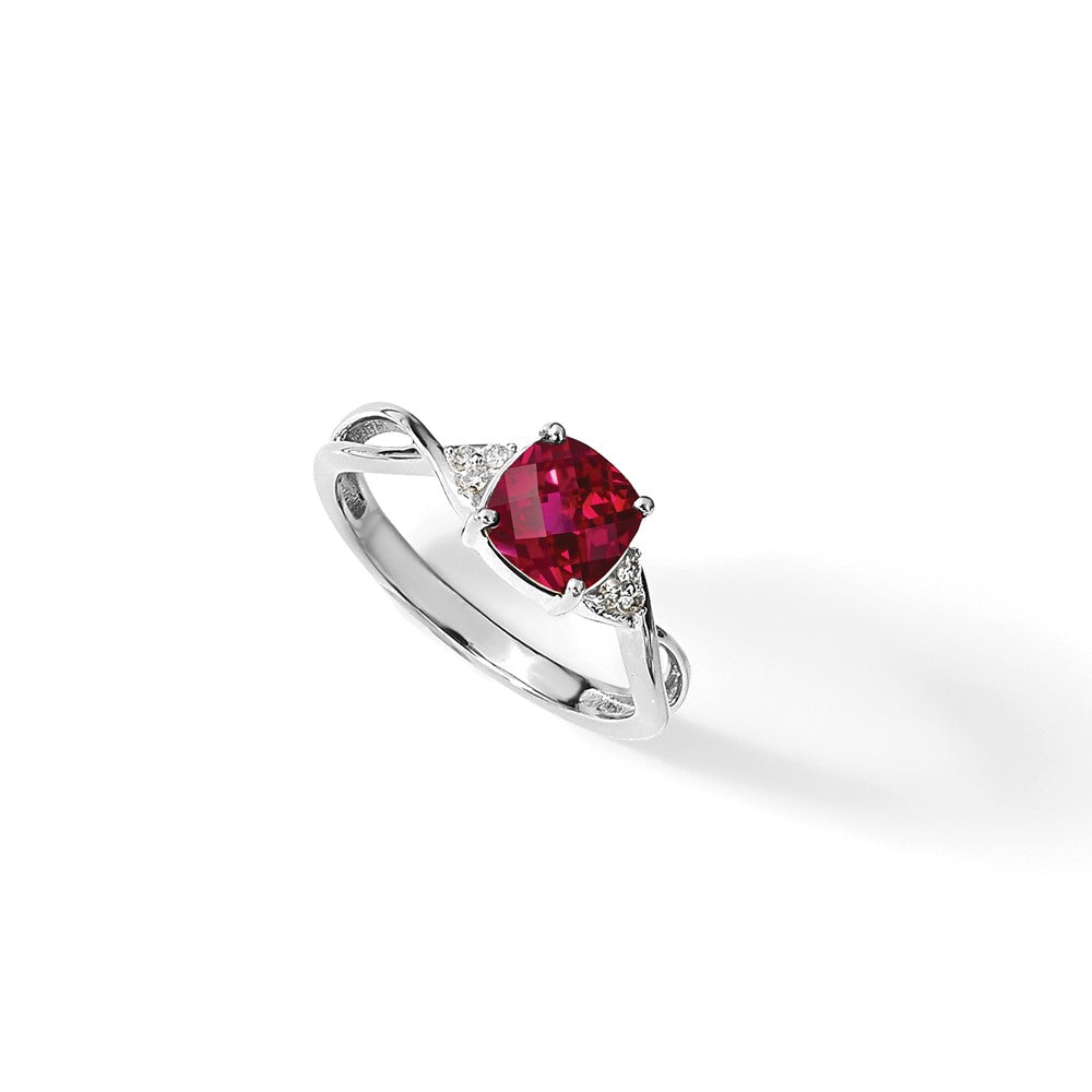 14K Weißgold 7mm Kissen Schachbrett July/im Labor Erzeugt Rubin und Diamant Ring