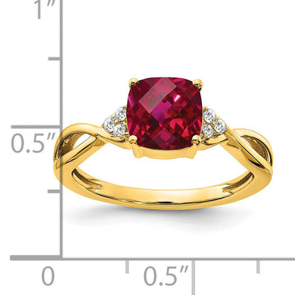 14K Gelbgold Ring mit Schachbrettschliff-Rubin (synthetisch) und echten Diamanten