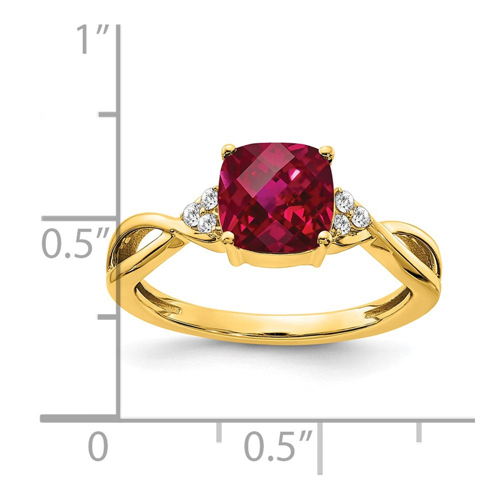 14K Gelbgold Ring mit Schachbrettschliff-Rubin (synthetisch) und echten Diamanten