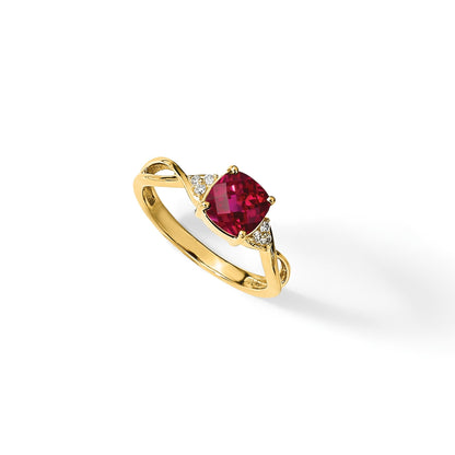 14K Gelbgold Ring mit Schachbrettschliff-Rubin (synthetisch) und echten Diamanten