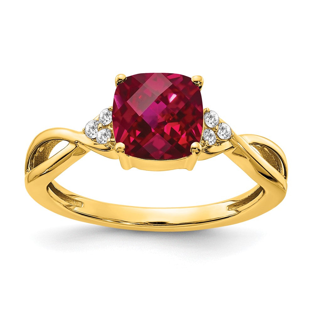 14K Gelbgold Ring mit Schachbrettschliff-Rubin (synthetisch) und echten Diamanten