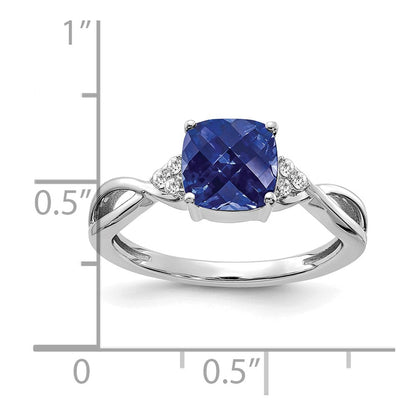 14K Weißgold 7mm Kissen Schachbrett September/im Labor Erzeugt Saphir und Diamant Ring