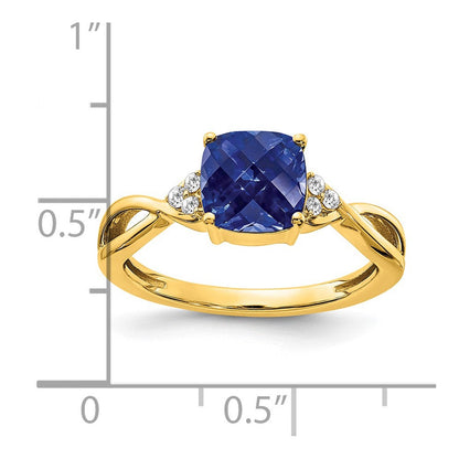 14K Gelbgold Ring mit Schachbrettschliff-Zuchtsaphir und echtem Diamant